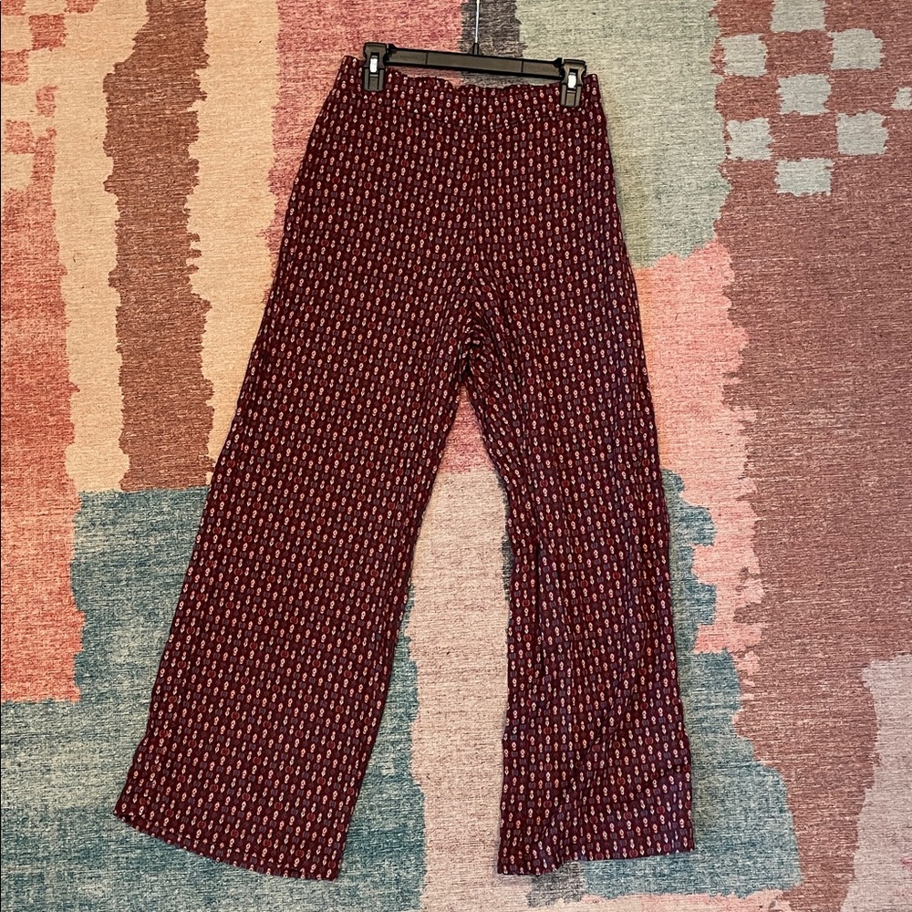 Burgundy Patterned Wide-Leg Pants